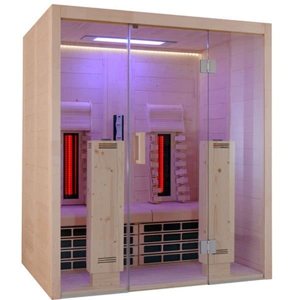 Cabine-ad-infrarossi Sauna finlandese in legno con specchi e pannelli riscaldanti rossi, ambiente rilassante per wellness e benessere.