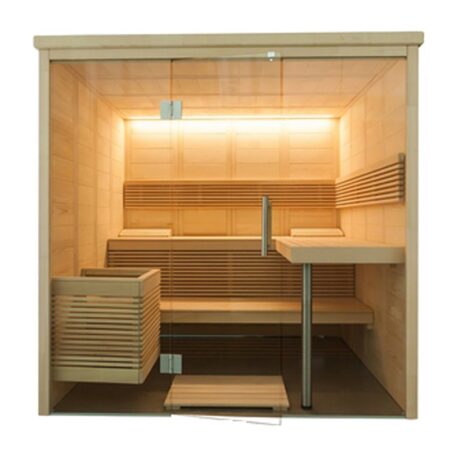 Sauna-Balance-View-Large Sauna in legno, interno, con panche e illuminazione calda, ambiente accogliente e rilassante.