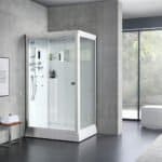 Porta doccia sauna con pareti in vetro, in un bagno moderno con vasca tonda e grandi finestre.