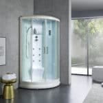 Azione di un hammam emozionante e rilassante con vapore e illuminazione soffusa in un ambiente moderno.