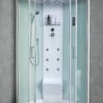 Cabina doccia idromassaggio con sportello a due ante, dotata di doccia a pioggia e getti idromassaggio, installata in ambiente interno.