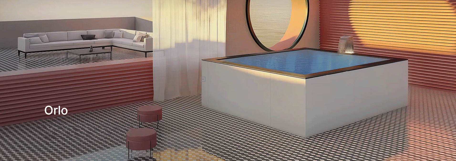 ORLO Piscina a sfioro esterna con bordo in legno, ambiente wellness moderno e accogliente.