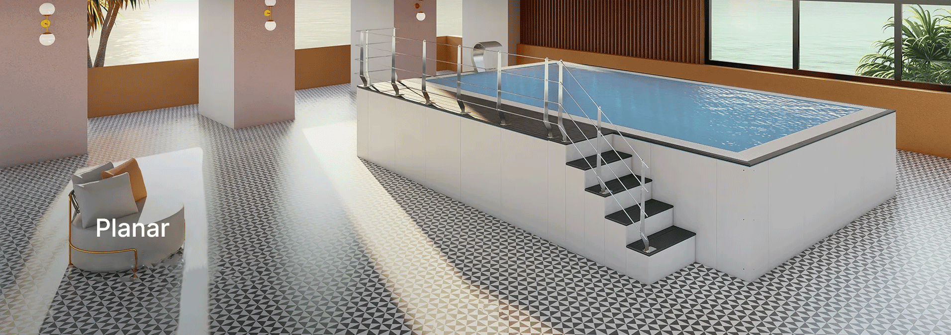 PLANAR Piscina coperta a sfioro con scalini e vetri di sicurezza, ambiente wellness elegante e luminoso.