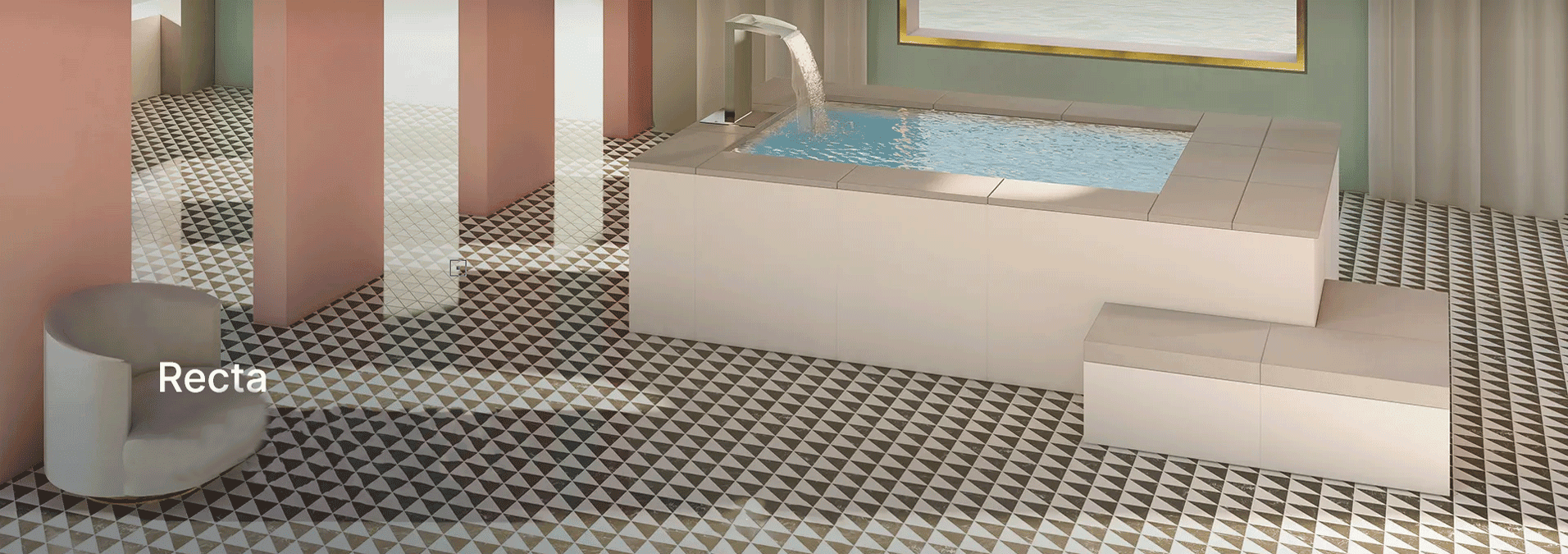 RECTA Piscina idromassaggio da interno, con rivestimento bianco e linee moderne, ambiente rilassante e elegante.