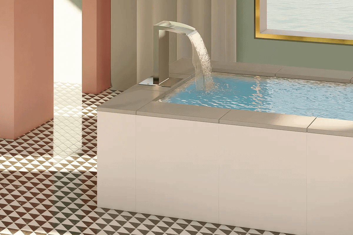 Recta-03 Acqua che scorre in una piscina coperta interrata con bordo in piastrelle beige, spazio wellness elegante e moderno.