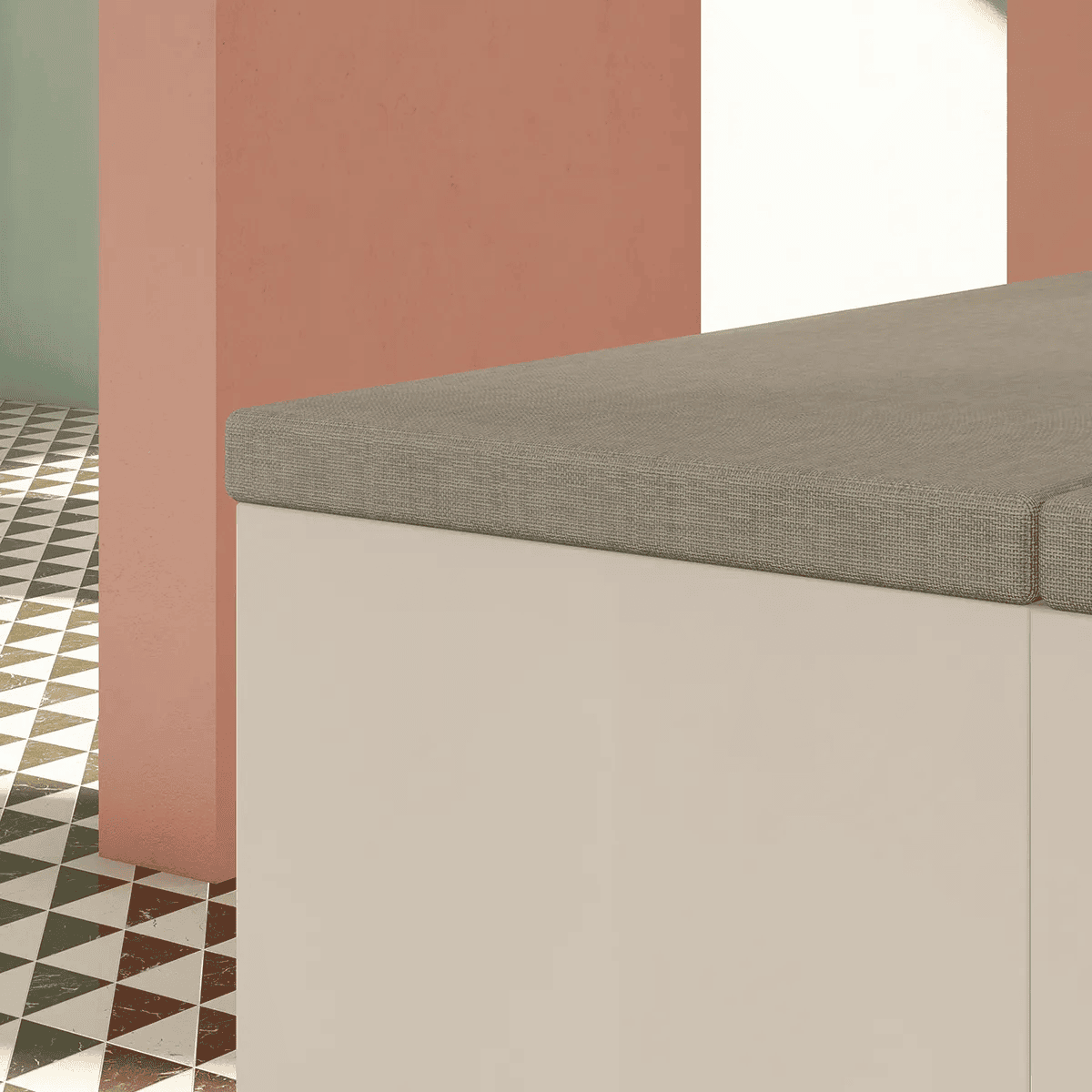 Recta-04 Seduta imbottita decorativa su mobilier interno, stile minimalista con tonalità neutre, perfetta per ambienti moderni e accoglienti.