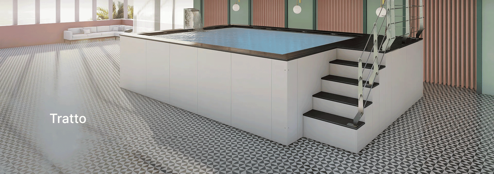 TRATTO Piscina interrata di design con area relax e scale moderne in un ambiente elegante e luminoso.