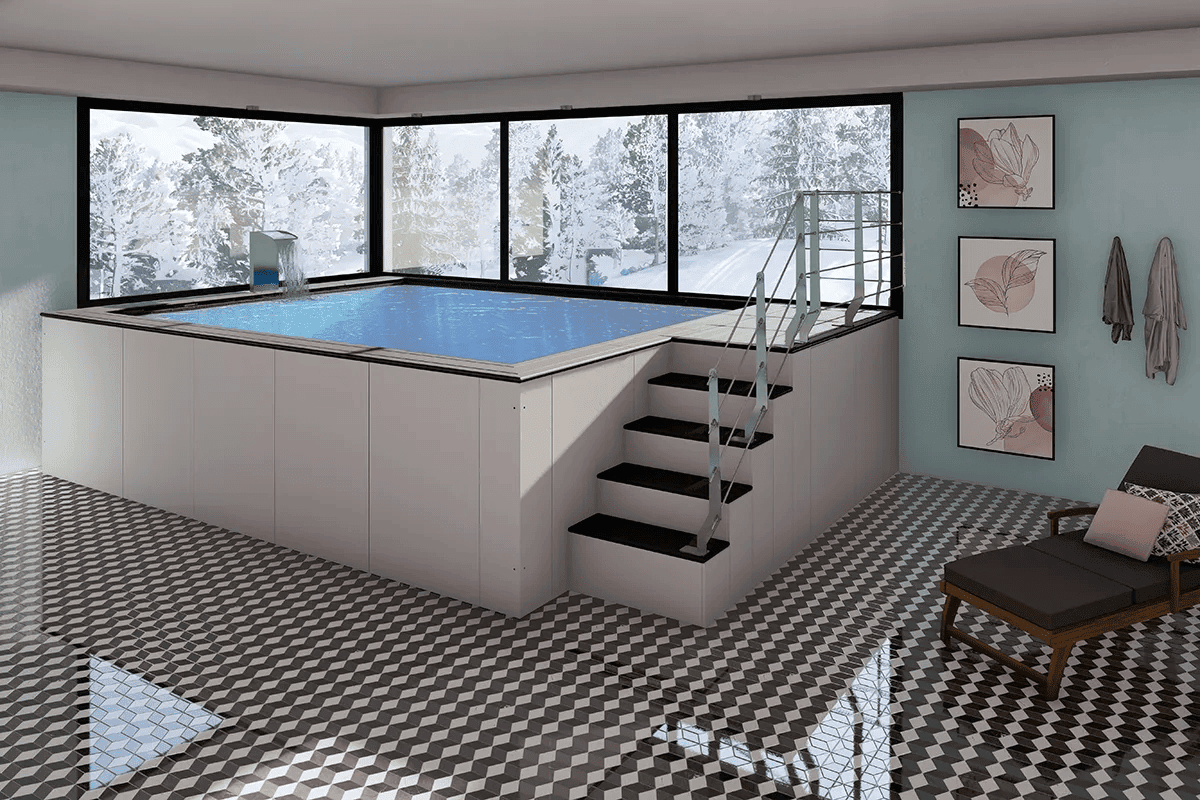 Tratto-02 Piscina coperta interrata con vista sulle piante innevate attraverso grandi finestre.