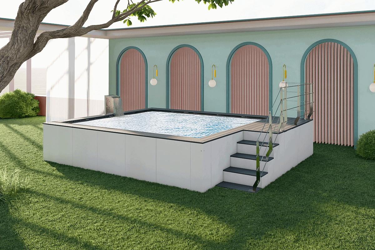 Tratto-03 Piscina interrata con scalette, immersa nel verde con illuminazione da parete, ideale per relax e divertimento all'aperto.