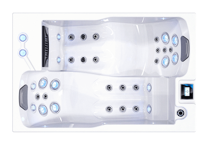 Vasca idromassaggio interrata con funzione di wellness e luci LED.