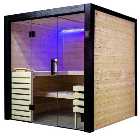 Relaxing sauna in legno con porta in vetro, illuminazione blu, ideale per wellness e benessere.