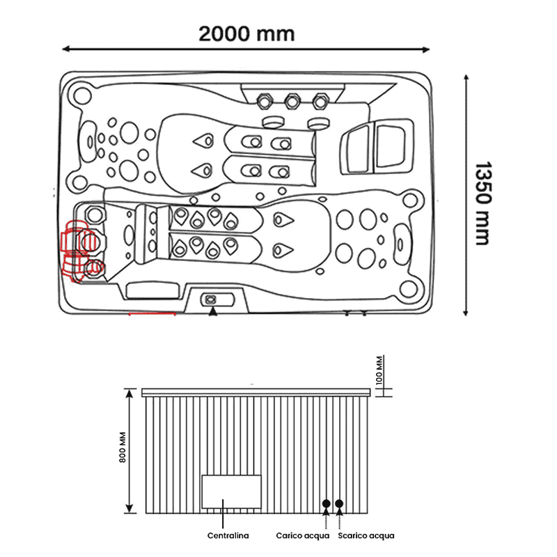 Pompa idromassaggio con sedili, idranti e luci LED, perfetta per il relax e il wellness.