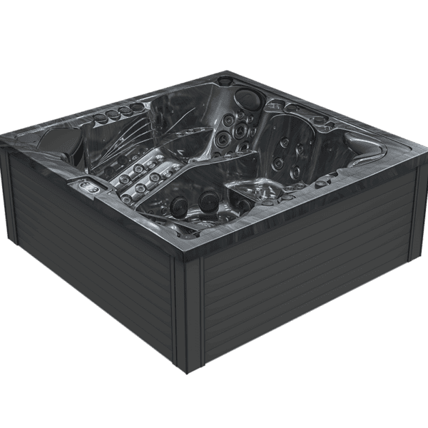 Vasca idromassaggio a 5 posti con due lounge e numerosi getti, finitura Midnight Opal.
