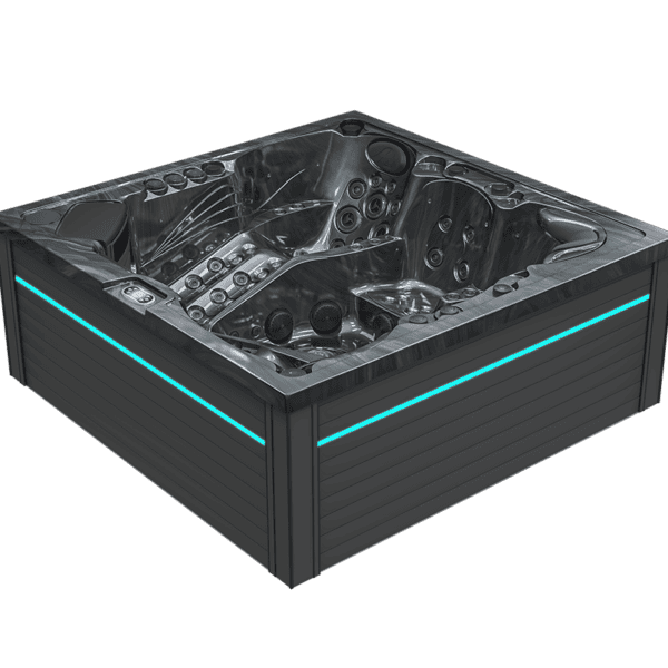 Vasca idromassaggio a 5 posti con due lounge e numerosi getti, finitura Midnight Opal.