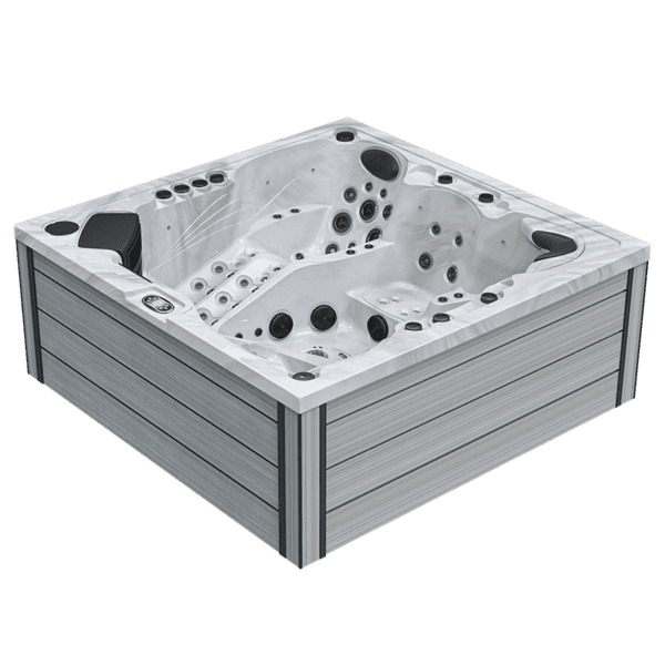 Vasca idromassaggio a 5 posti con due lounge e numerosi getti, finitura Silver White.