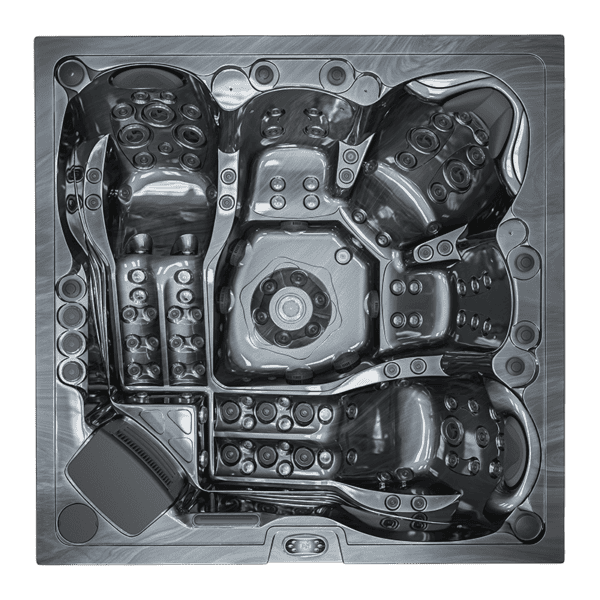 Vasca idromassaggio a 5 posti con due lounge e numerosi getti, finitura Midnight Opal.