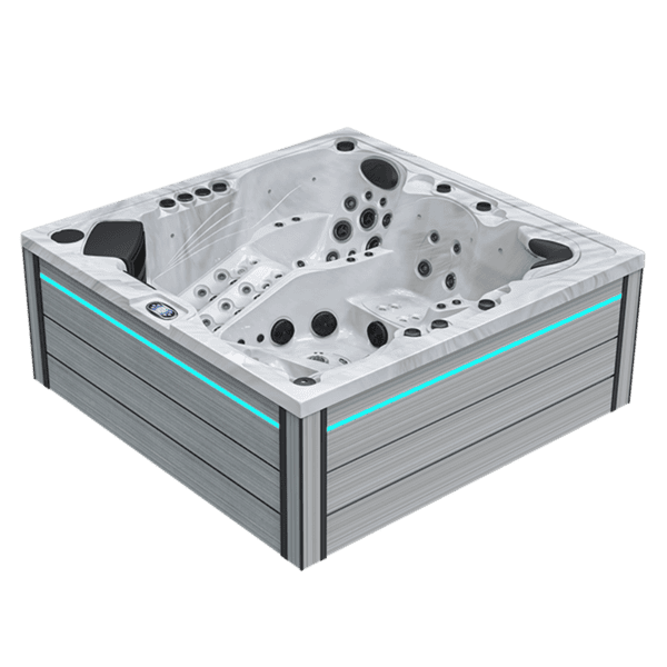 Vasca idromassaggio a 5 posti con due lounge e numerosi getti, finitura Silver White.