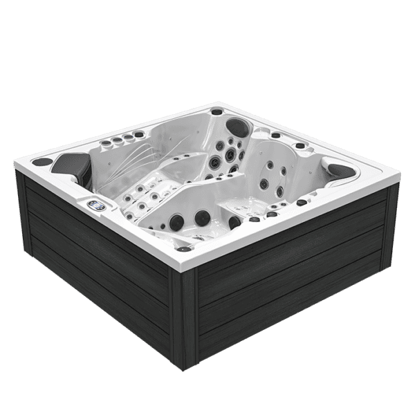 Relaxing outdoor hot tub with multiple jets and built-in speakers, ideal for wellness at home.