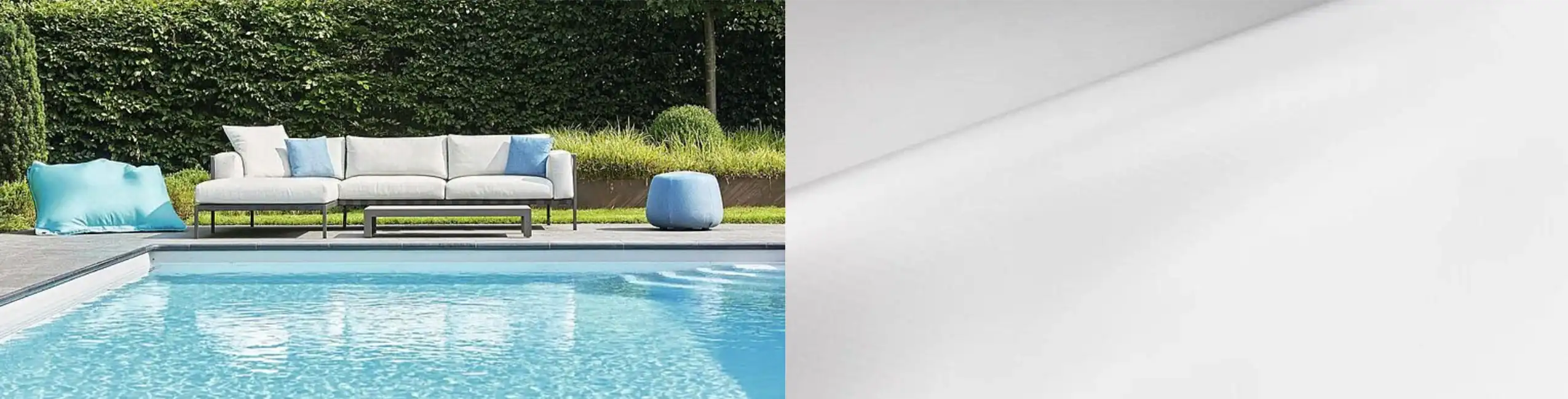 Piscina interrata con rivestimento in PVC armato bianco Piscina interrata con rivestimento in PVC armato bianco, elegante e luminoso