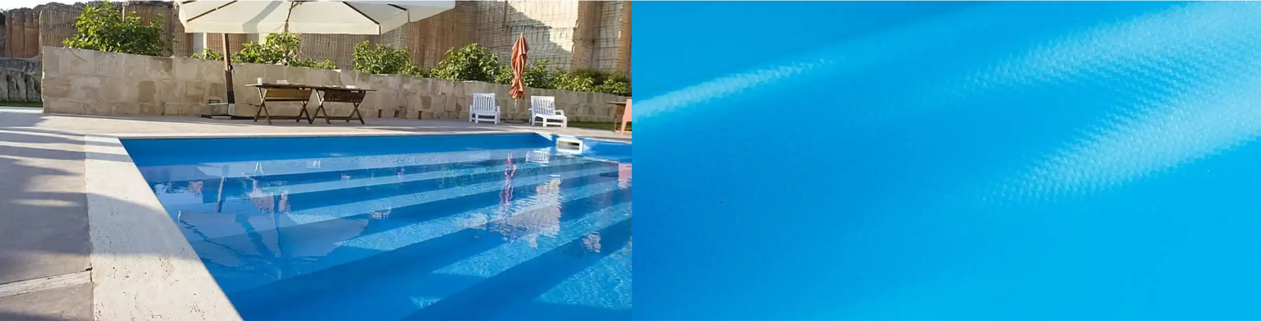 Piscina interrata con rivestimento in PVC armato blu adriatico Piscina interrata con gradini e rivestimento in PVC armato blu adriatico, resistente ed elegante