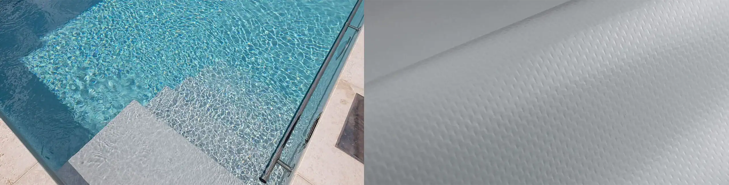 Piscina interrata con rivestimento in PVC armato grigio chiaro Piscina interrata con gradini e rivestimento in PVC armato grigio chiaro, elegante e luminoso