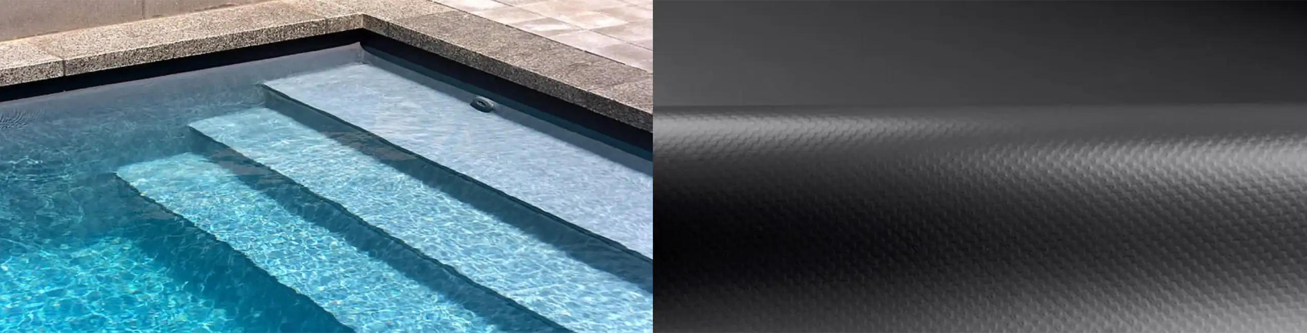 Piscina interrata con rivestimento in PVC armato grigio scuro Piscina interrata con gradini e rivestimento in PVC armato grigio scuro, elegante e resistente