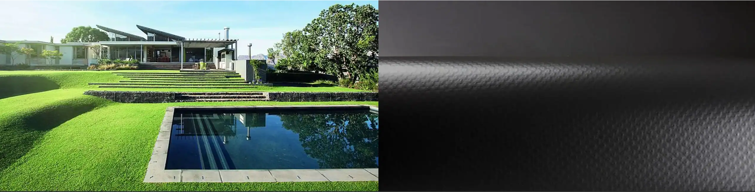 Piscina moderna interrata con rivestimento in PVC armato nero Piscina interrata moderna con rivestimento in PVC armato nero, design elegante integrato in giardino