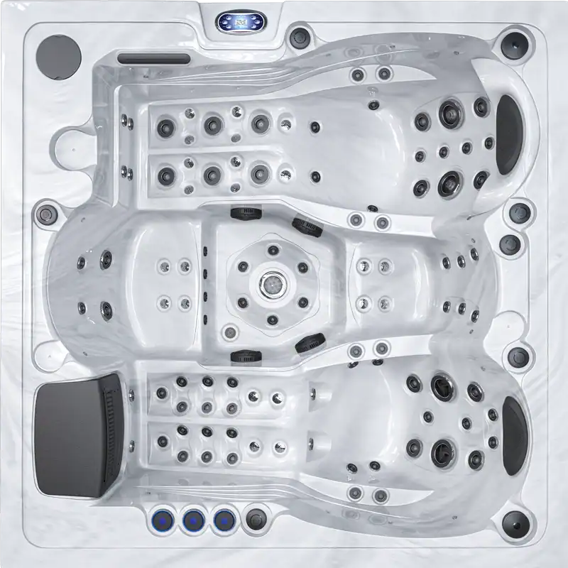 Relax hot tub con idromassaggi, vasca interrata a sedile ergonomico e sistemi di controllo digitale. Perfetta per il benessere e il relax in ogni stagione.