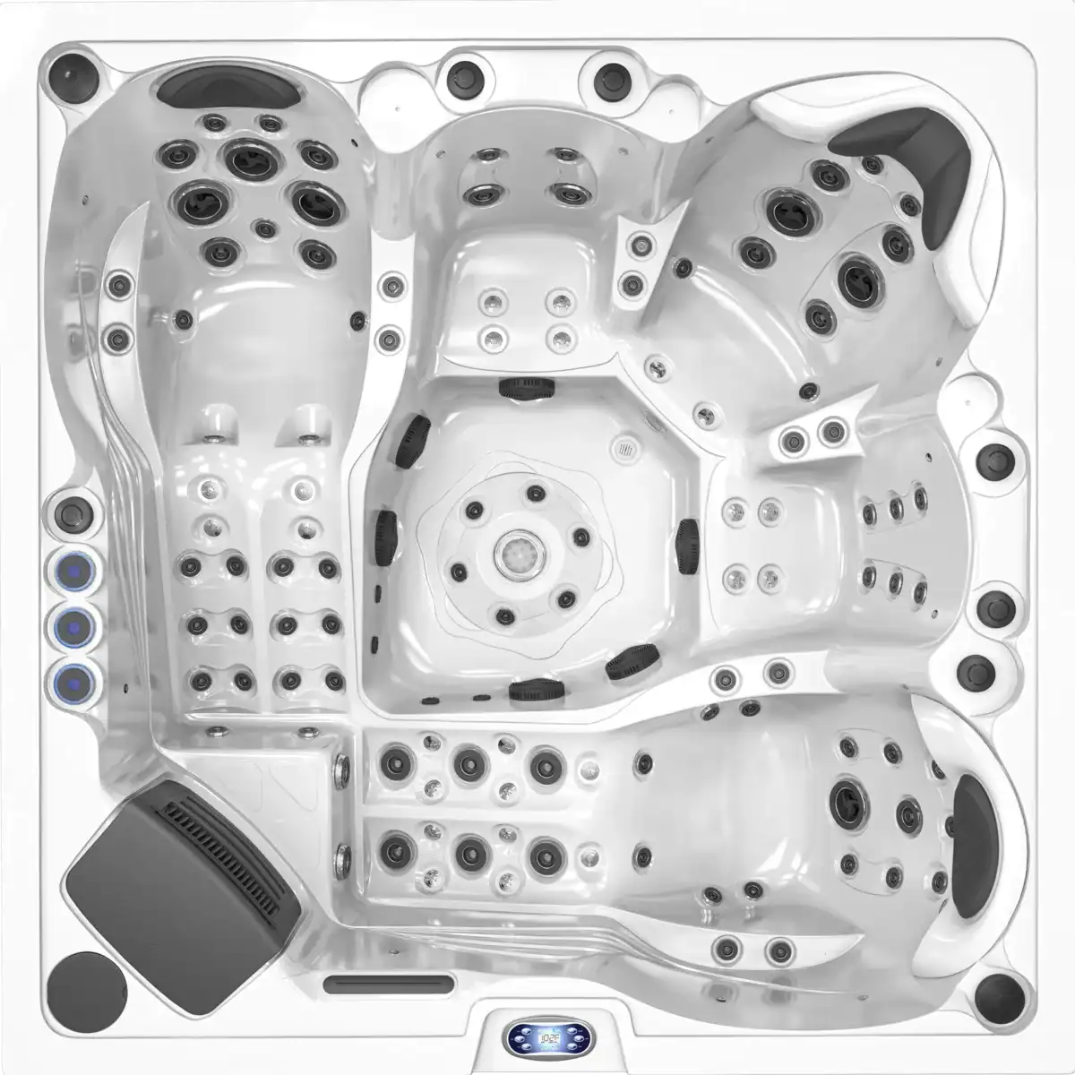 Relaxing outdoor hot tub with multiple jets and built-in seating, perfect for wellness and leisure.