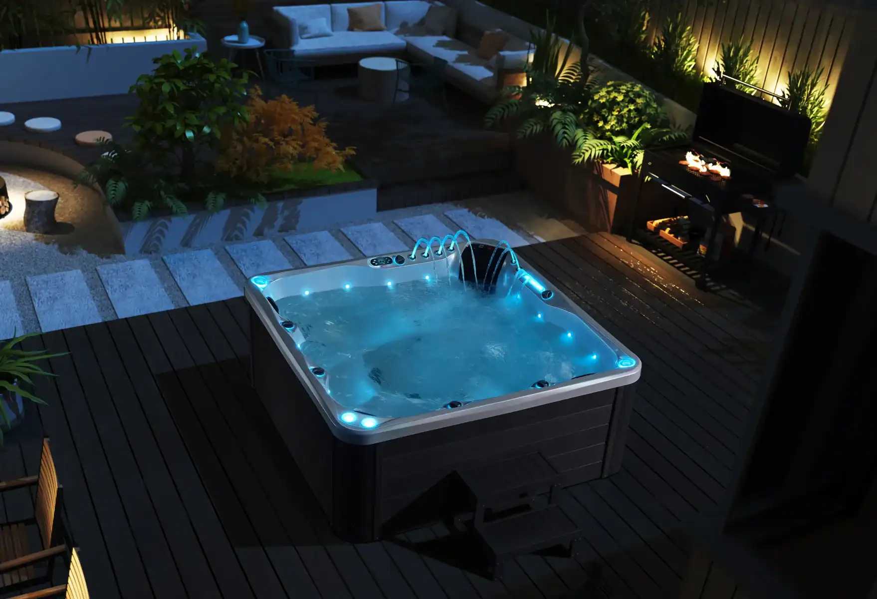 Jacuzzi da esterno con luci LED in terrazza elegante Vasca idromassaggio da esterno illuminata in giardino moderno con area lounge e barbecue.