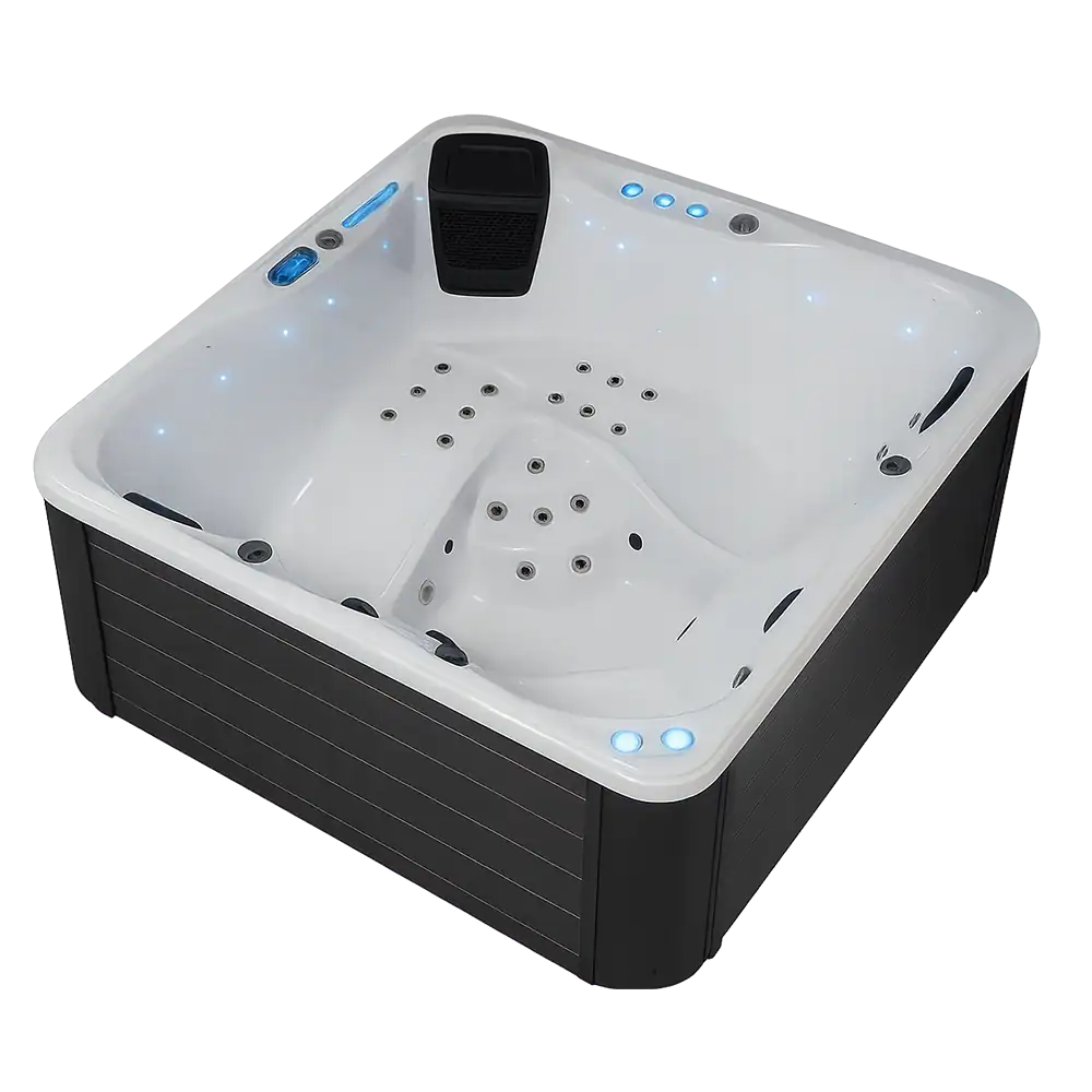 Jacuzzi Samos elegante con design moderno e pannelli in legno sintetico grigio Vasca idromassaggio Samos con finitura Silver White Marble e pannelli esterni grigio scuro