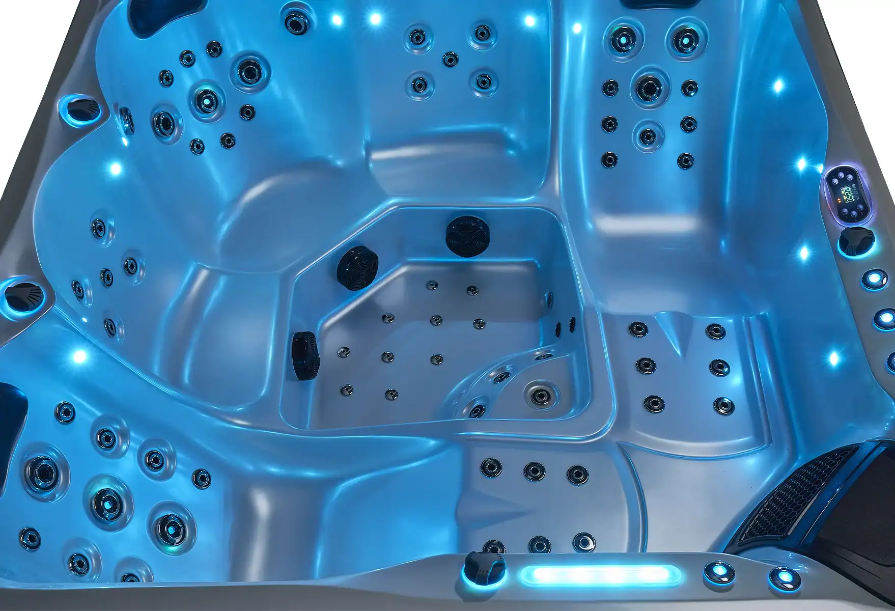 Interno vasca Samos con illuminazione LED blu e idrogetti ergonomici Dettaglio interno vasca idromassaggio Samos con luci LED blu e getti idromassaggio