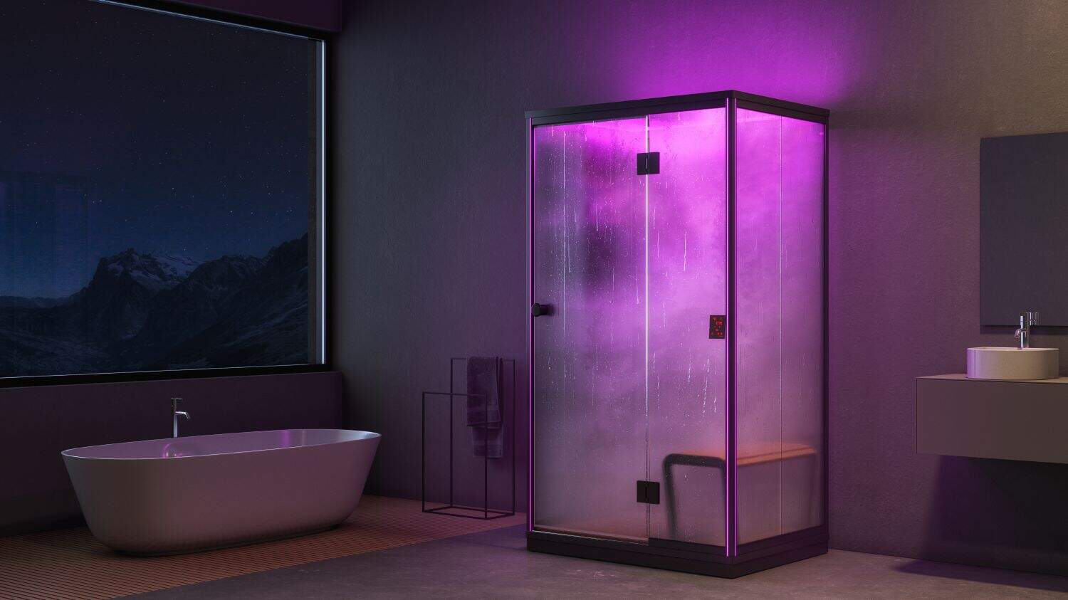 Harvia_Nova _steam_cabin_SRA1209BXA_f2 Aletex Pool Sagl (Ticino) - Idromassaggio esterno con illuminazione LED viola, bagno con vasca e grande finestra su montagne notturne, design moderno e rilassante.