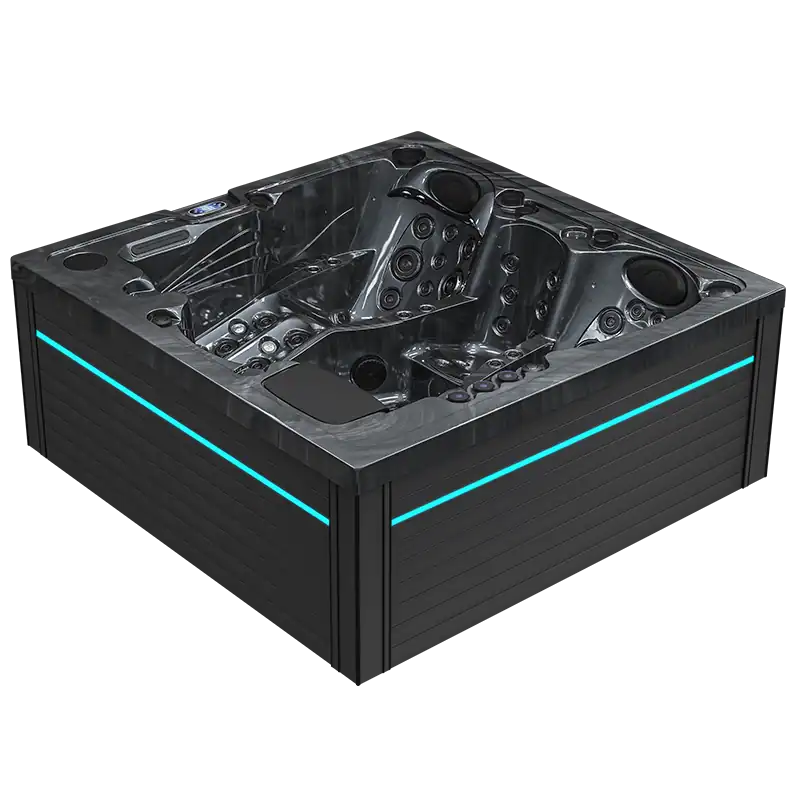 Kayla-Midnight Opal-Striscia LED Lussuosa vasca idromassaggio interrata in acciaio con numerosi getti e comandi digitali.