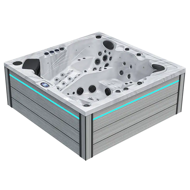 LED-Moana Relaxing outdoor jacuzzi con idromassaggio, costruito in legno, perfetto per il wellness e il relax.