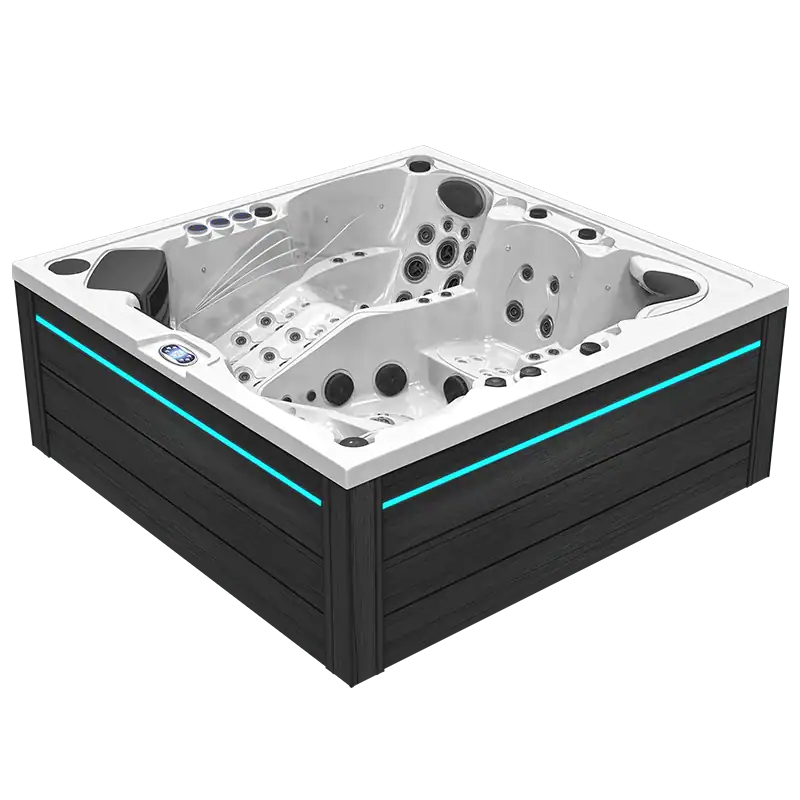 LED-Moana Panoramic hot tub con idromassaggi, struttura esterna in legno con luci LED blu. Ideale per relax e wellness all'aperto, dotato di numerosi jet e sedute comode.