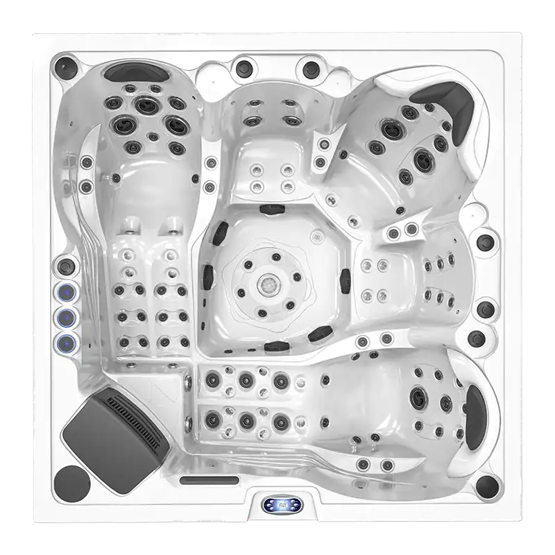 Moana-Vasca idromassaggio 5 posti – full optional | Atec Pool Vasca idromassaggio 5 posti full optional con 2 chaise longue, LED e sistema audio – Atec Pool Didascalia