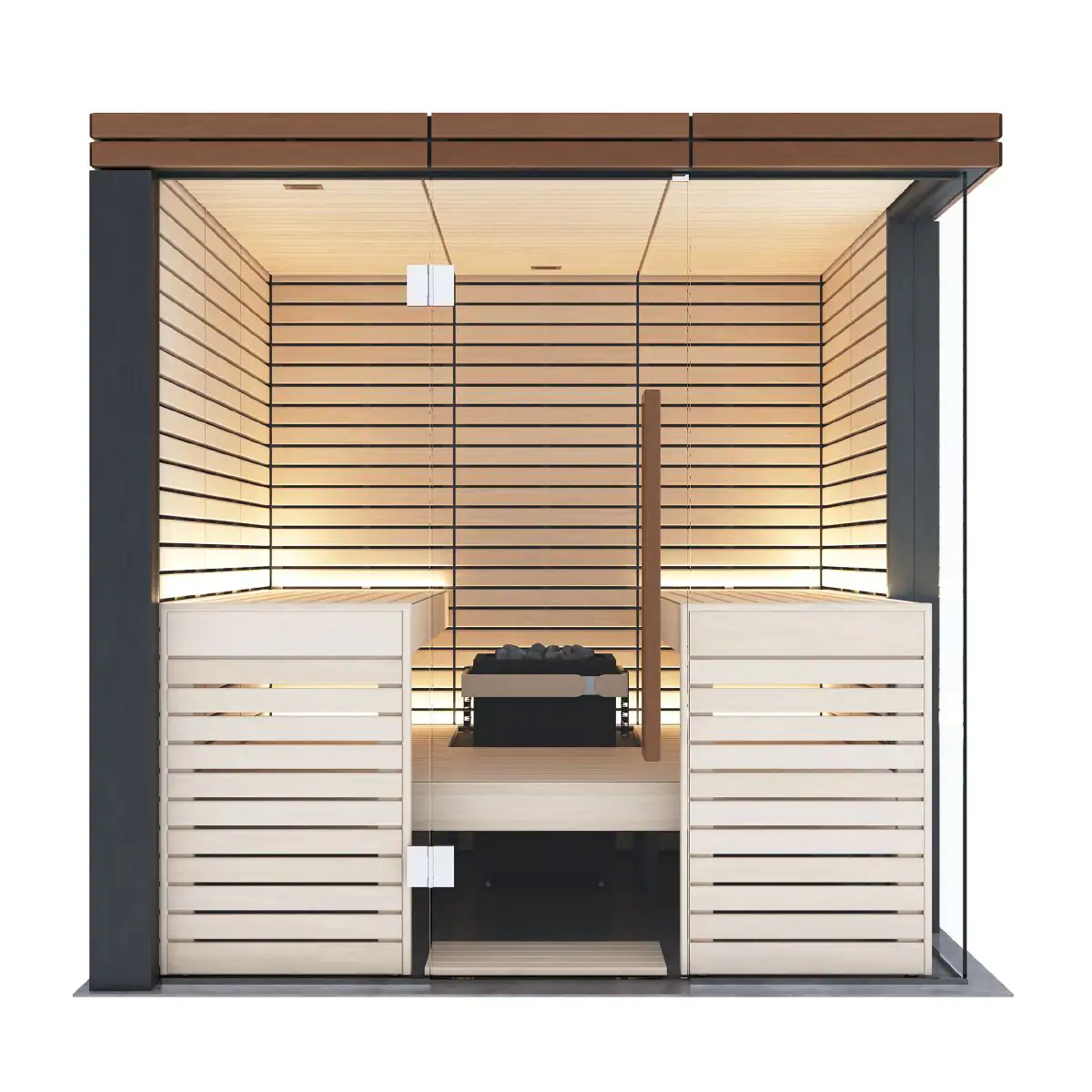 Harvia_LindenLargeFin_LINDEA-V-L-F_p2(1) Kopie Accappatoio sauna in legno chiaro con ante a doghe, all’interno di una cabina benessere, con un elemento riscaldato al centro, ambientazione relax e benessere.