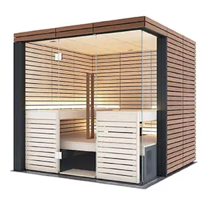 Lindea View Large-02 Sauna in legno e vetro con pannelli scorrevoli, ambiente wellness con sauna e area relax, pareti in legno chiaro e dettagli eleganti, accogliente spazio di benessere domestico.