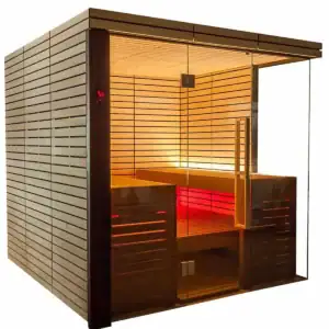 Lindea-View-Large-03 Sauna in legno e vetro con pannelli scorrevoli, ambiente wellness con sauna e area relax, pareti in legno chiaro e dettagli eleganti, accogliente spazio di benessere domestico.