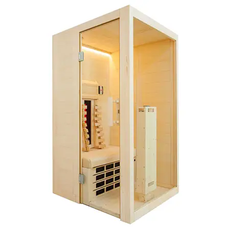 MiniMy Sauna in legno chiaro, dimensioni compatte, con pannello di controllo e rivestimento interno in legno naturale, ideale per il wellness domestico.