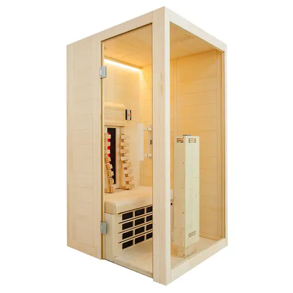 Cabina sauna in legno chiaro, porta con vetro, interni riscaldati con panelli di controllo e stufa, dimensioni compatte, design elegante e accogliente, ideale per wellness e relax domestico.