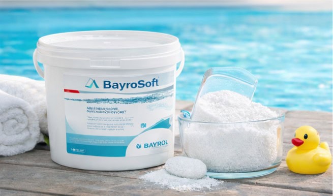 Ossigeno 1. Sacchetto di cloro per piscine BayroSoft di Bayrol, prodotto professionale per trattamento acqua, con contenitore bianco e etichetta blu, ideale per ambienti wellness e spa domestiche.