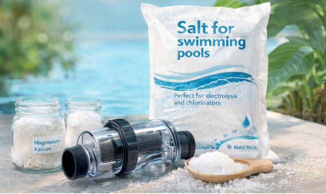 Sale Misce di sale per piscine da nuoto, con barattoli di sale, dispositivo di trattamento e una ciotola con sale grosso, sul bordo di una piscina all'aperto con ambiente naturale verde.