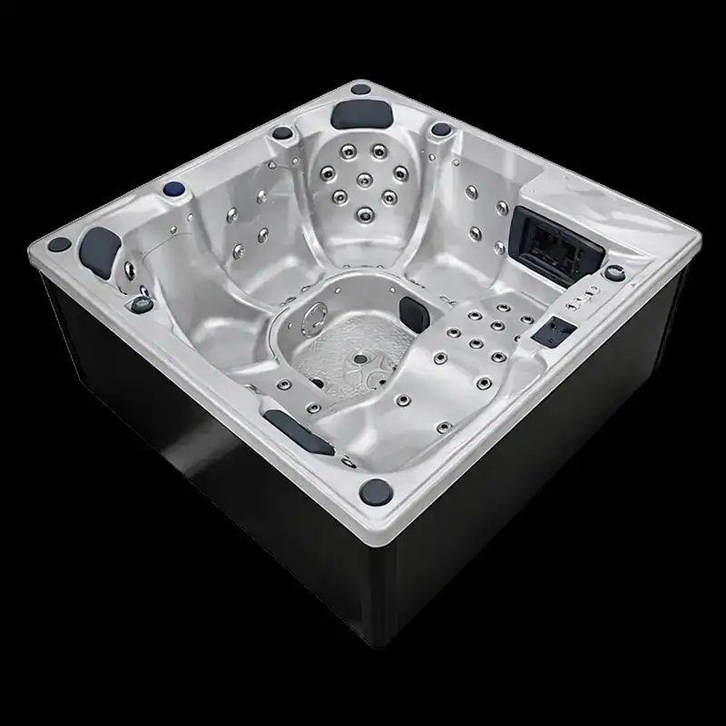 Vasca idromassaggio in acciaio inox con sedili, getti d'acqua e pannello digitale, design compatto, ideale per wellness domestico, materiali resistenti e finitura lucida.