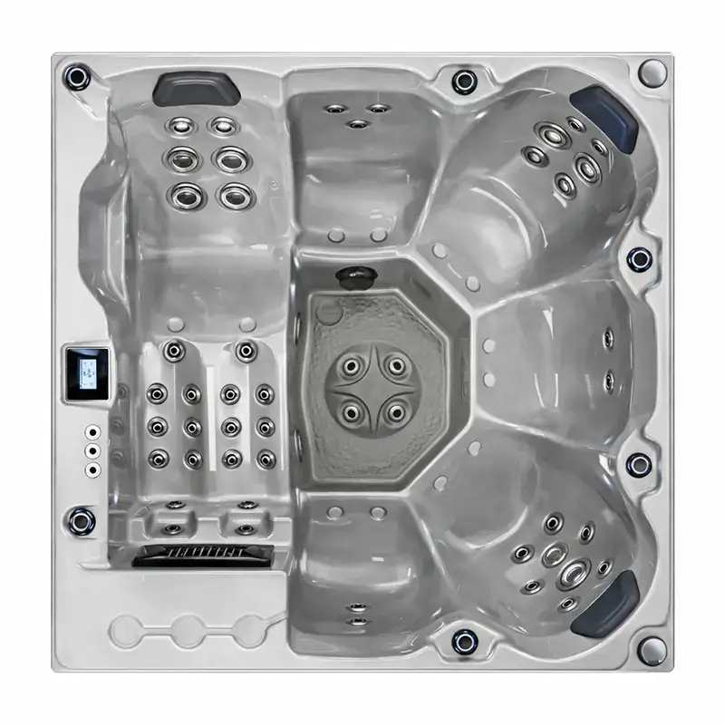 Vasca idromassaggio quadrata con sedili, luci LED blu, controlli digitali, materiali in acrilico bianco, dimensioni compatte, ideale per spa domestiche.