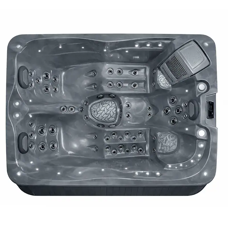 Acqua termale in vasca idromassaggio con luci LED blu, 2 posti Vasca idromassaggio con 2 posti, luci LED blu, numerosi ugelli, materiali in acrilico grigio scuro, dimensioni compatte, ideale per wellness e relax domestico.