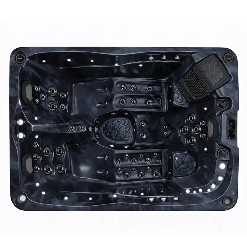 Vasca idromassaggio nera con luci LED e altoparlante integrato Vasca idromassaggio nera con numerosi ugelli, luci LED e altoparlante, ideale per relax e benessere domestico, materiali in acrilico resistente, dimensioni compatte, installata in ambiente spa privato.