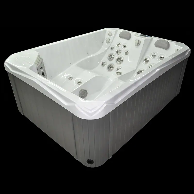 Vasca idromassaggio rettangolare con getti, luci LED blu, in bianco, dimensioni compatte, perfetta per spa a casa, materiali di alta qualità.