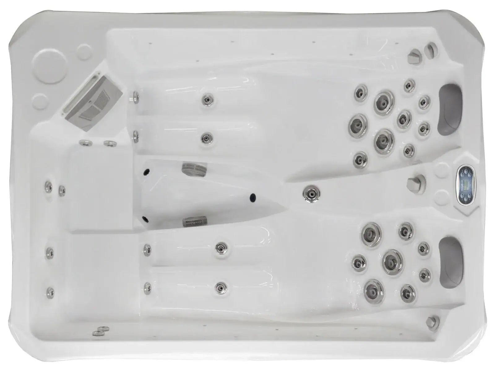 Vasca idromassaggio con numerosi ugelli e pannello di controllo Vasca idromassaggio bianca con vari ugelli, pannello di controllo digitale, sedili e zone massaggi, in ambiente interno.